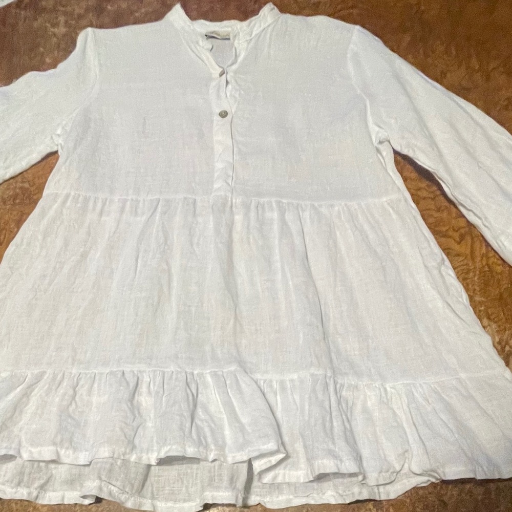 Logica White 100% Linen Tunic Top Made in Italy Tiered Babydoll Womens Small